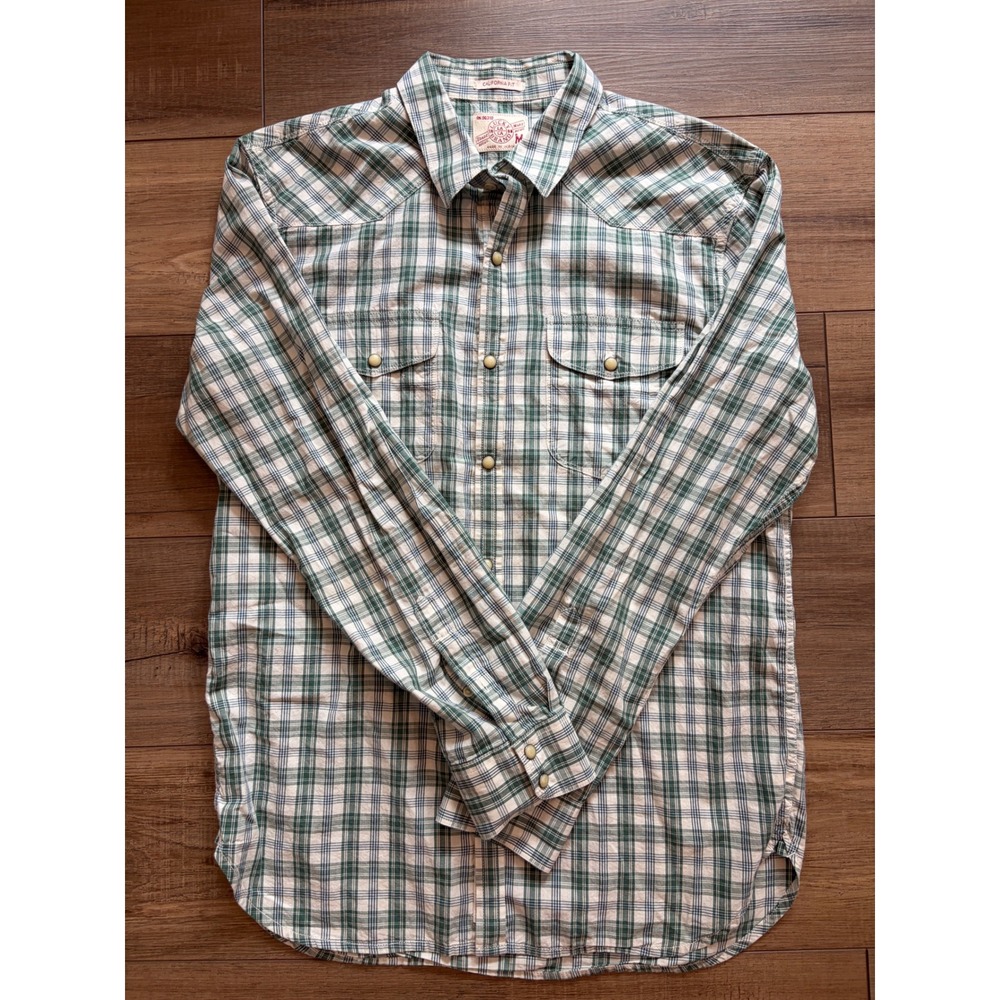 Lucky Brand Mens Green Plaid Western Pearl Snap Button Shirt California Fit M
